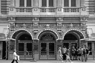 Entrances from the historic Hilton Theatre in Mahatten, black and white, New York City, USA