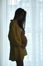 Dark silhouette of a pregnant woman standing in a room, gently cradling her baby bump while looking