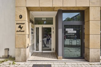 Cultural office, entrance, sign, pedestrian zone, sunny, Eichstraße, Stuttgart, state capital, city