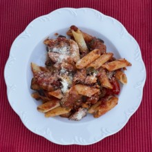 Classic Italian Sardinian vegetarian pasta dish with paste Penne rigate Melanzane aubergine passata