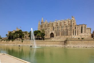 Cathedral of St Mary of La Seu, in front of it artificial lake water basin in Parc de la Mar with