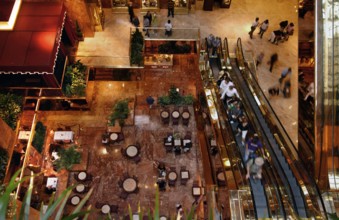 Café and escalators in Trump Tower, New York City, USA