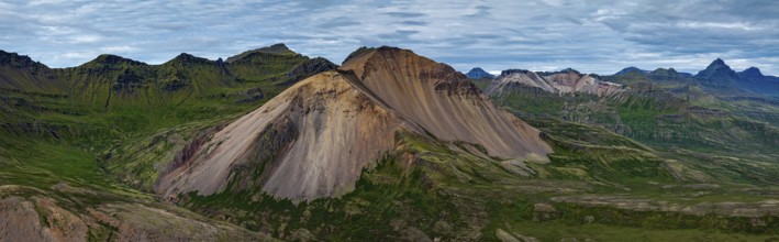 Mountains, coast, summer, aerial view, morning light, volcanic, cloudy, panorama, Faskrudsfjördur,
