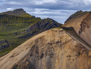 Mountains, coast, summer, aerial view, morning light, volcanic, cloudy, Faskrudsfjördur, East