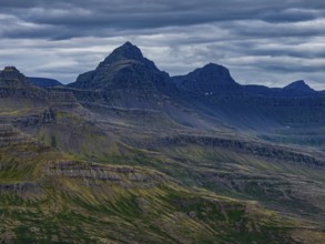 Mountains, coast, summer, aerial view, volcanic, cloudy, Faskrudsfjördur, East Fjords, Iceland