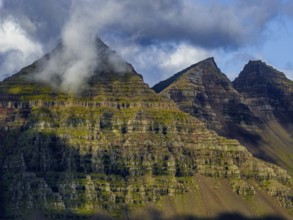 Mountains, Morning light, Coast, Summer, Aerial view, Berufjördur, Teigarhorn, East Fjords, Iceland