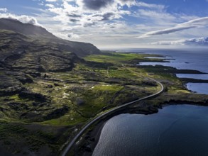 Mountains, morning light, fjord, coast, summer, road, coastal road, backlight, aerial view,