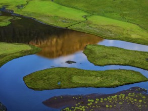 Morning light, river, river delta, river course, reflection, summer, aerial view, Stodvarfjördur,