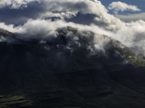 Mountains, morning light, summer, aerial view, fog, Berufjördur, East Fjords, Iceland