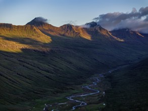 Mountains, morning light, river, river delta, river course, coast, summer, aerial view,