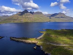 Mountains, morning light, fjord, coast, summer, aerial view, Berufjördur, behind it Teigarhorn,