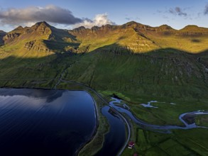 Mountains, Morning light, Fjord, Coast, Summer, Aerial view, Road, Stodvarfjördur, East Fjords,