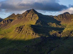 Mountains, Morning light, River, Coast, Summer, Aerial view, Stodvarfjördur, East Fjords, Iceland