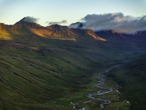 Mountains, morning light, valley, river, river course, river delta, coast, aerial view, summer,