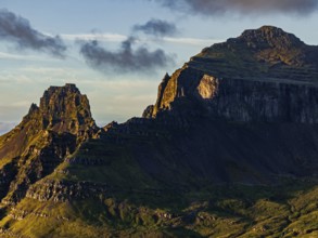 Mountains, morning light, coast, summer, Stodvarfjördur, aerial view, East Fjords, Iceland