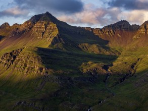 Mountains, morning light, valley, river, river course, coast, summer, aerial view, Stodvarfjördur,