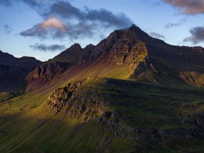Mountains, Morning light, Summer, Aerial view, Stodvarfjördur, East Fjords, Iceland