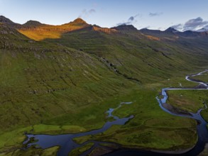 Mountains, morning light, valley, river, river course, river delta, coast, summer, aerial view,