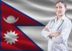 Female doctor on Nepal flag. Doctor with crossed arms on Nepal flag. Nepal health and care concept