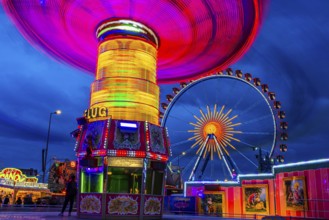 Illuminated chain carousel in motion, behind the Ferris wheel at standstill, Festwiese,