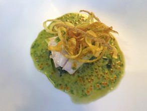 Fish dish, char, spinach, caviar, deep-fried potato, on a plate, food, Stuttgart,