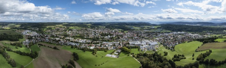 Aerial view, panorama of the town of Stockach in Hegau, Lake Constance on the horizon on the right,
