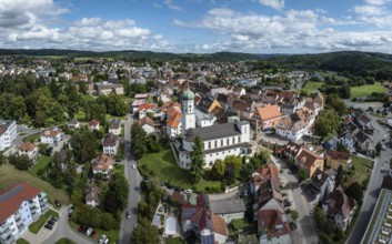 Aerial view of the town of Stockach with the church of St. Oswald in the upper town, historic town