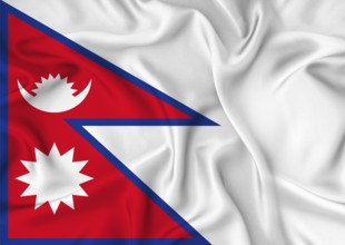 Realistic Nepal flag waving. Close up of flag of Nepal with cloth texture