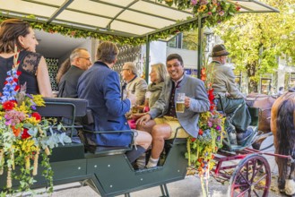 Former FC Bayern footballer Giovanne Elfer in a horse-drawn carriage, Oktoberfest, Munich, Upper