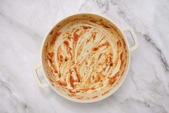 A well-used cooking empty pan on a marble countertop, showing remnants of a vibrant tomato sauce.