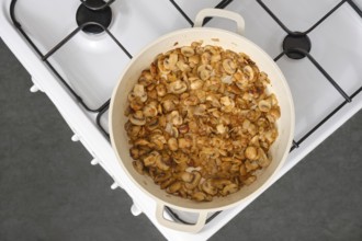 Top view of golden champignon mushrooms fried in oil in a frying pan on the stove in the kitchen