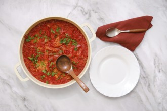 Italian pappa al pomodoro soup in a pot is ready to be served for dinner