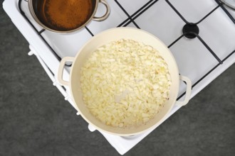 Chopped onions cooking in a white pan over medium heat on a stove. A pot of simmering broth sits