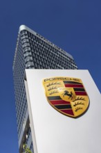 Porsche Centre Stuttgart. Façade with the car manufacturer's logo. Porsche Design Tower. Stuttgart,