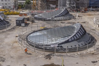 Stuttgart 21 construction site at the main station. View of the glass eyes of the future