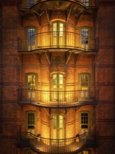 Hamburg warehouse district with evening lighting, Hamburg, Germany