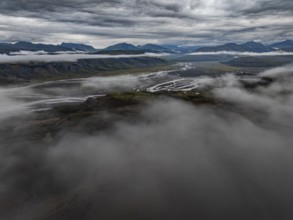 River, river course, river delta, mountains, clouds, summer, aerial view, Hvannagil, south-east