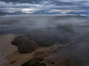 River, river course, river delta, mountains, clouds, canyon, gorge, summer, aerial view, Hvannagil,