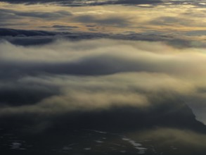 Fog, clouds, morning mood, mountains, aerial view, summer, Höfn, Iceland