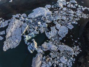 Ice floes, morning mood, reflection, aerial view, summer, glacier lagoon, Jökulsarlon, Vatnajökull,
