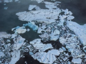 Ice floes, fog, clouds, morning mood, reflection, aerial view, summer, glacier lagoon, Jökulsarlon,