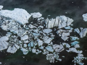 Ice floes, fog, morning mood, reflection, aerial view, summer, glacier lagoon, Jökulsarlon,