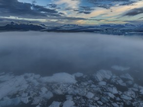 Ice floes, glacier, glacier tongue, fog, clouds, morning mood, reflection, aerial view, summer,