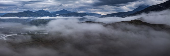 River, river course, river delta, mountains, clouds, panorama, summer, aerial view, Hvannagil,