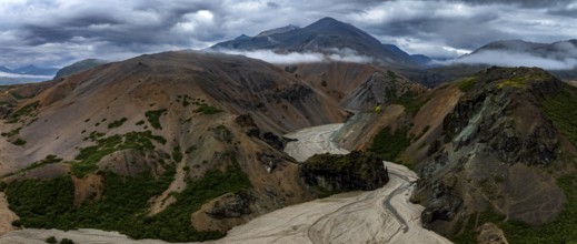 River, river course, river delta, mountains, clouds, canyon, gorge, summer, panorama, aerial view,