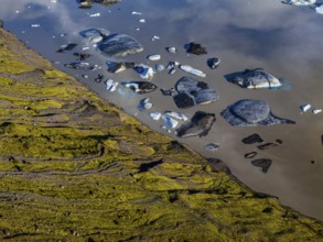 Ice floes, glacier, glacial lake, sunny, morning mood, reflection, aerial view, summer,