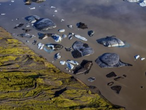 Ice floes, glacial lake, sunny, morning mood, reflection, aerial view, summer, Kviarjökull,