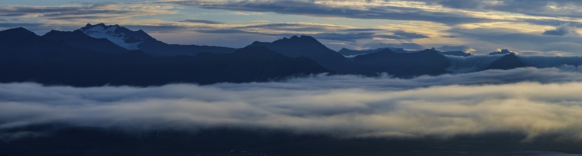 Fog, Clouds, morning atmosphere, Mountains, Aerial view, Panorama, Summer, Höfn, Iceland