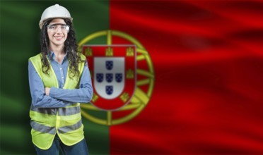Portrait of smiling female engineer with Portuguese flag in background. Young female construction