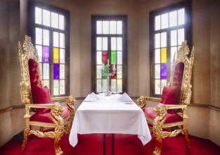 Interior view, table for 2 persons in corner tower, baroque interior, restaurant, Schloss Laufen,